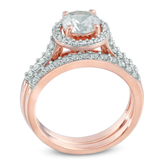 6.5mm Lab-Created White Sapphire Frame Fashion Ring Set in Sterling Silver with 14K Rose Gold Plate