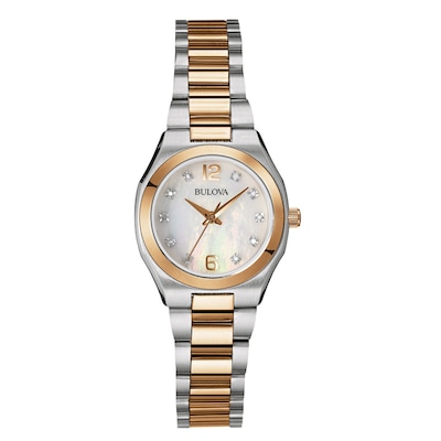 Ladies' Bulova Diamond Accent Two-Tone Watch with Mother-of-Pearl Dial (Model: 98R204)