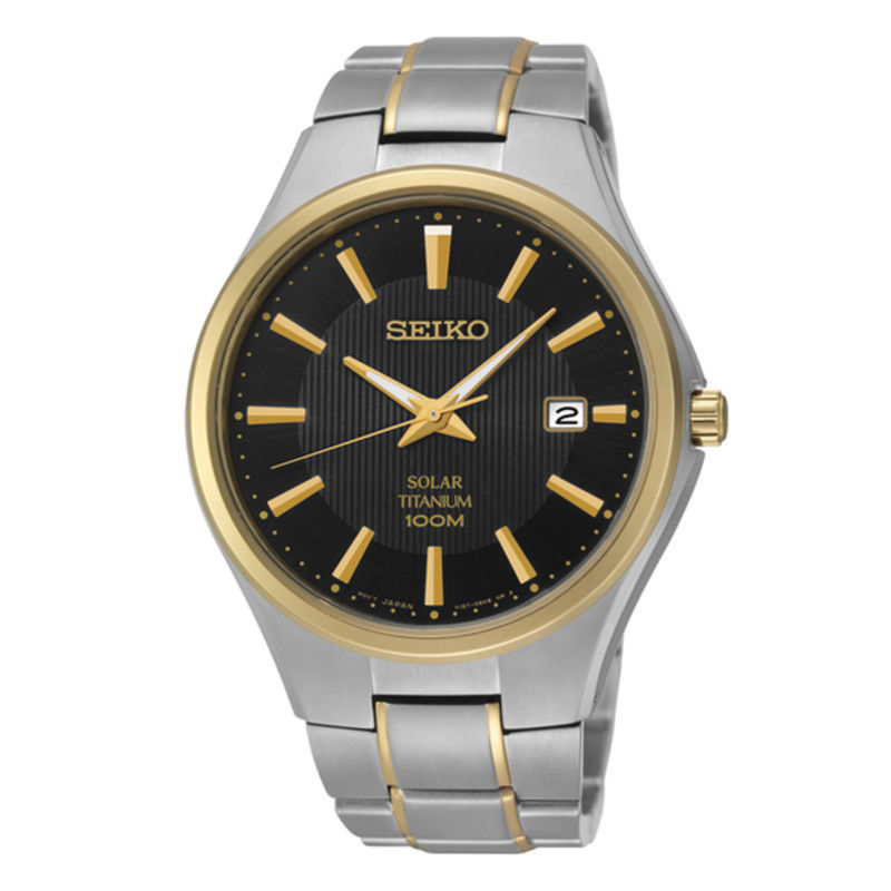 Men s Seiko Solar Titanium Watch with Black Dial Model SNE382 Peoples Jewellers