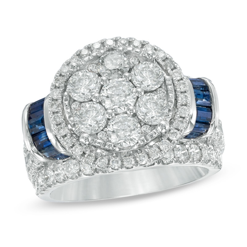 3.00 CT. T.W. Diamond Cluster and Blue Sapphire Ring in 14K White Gold|Peoples Jewellers