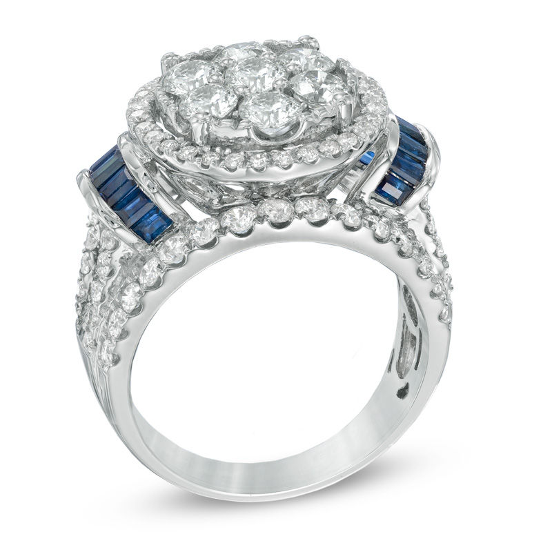 3.00 CT. T.W. Diamond Cluster and Blue Sapphire Ring in 14K White Gold|Peoples Jewellers