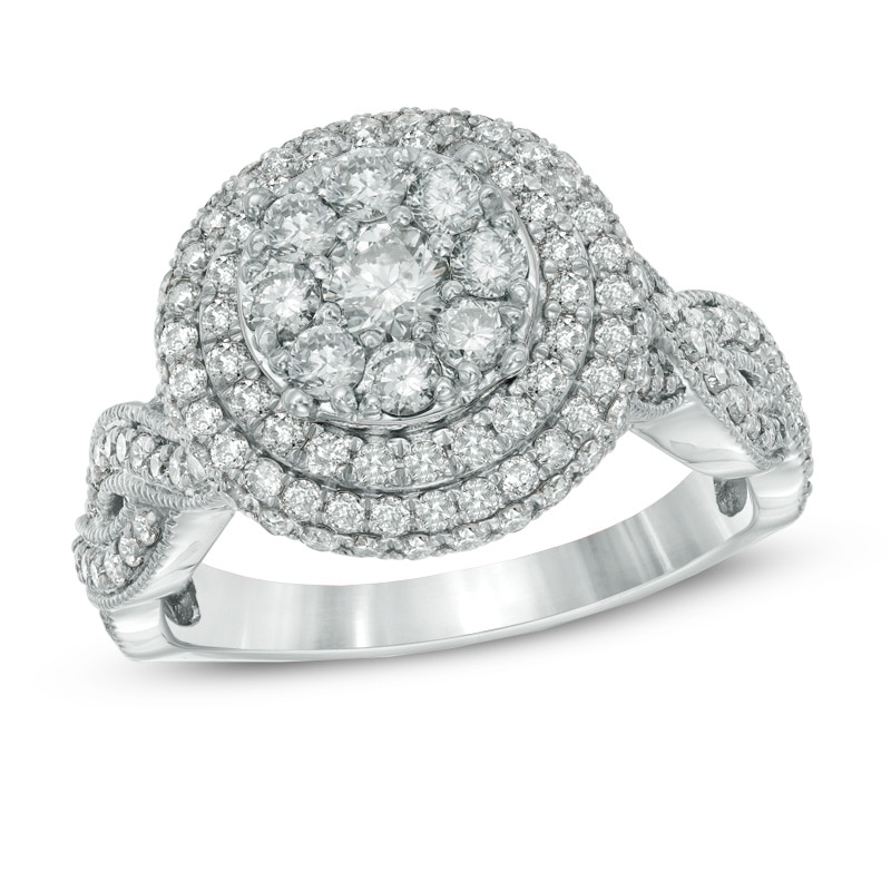 1.50 CT. T.W. Diamond Cluster Double Frame Engagement Ring in 14K White Gold|Peoples Jewellers