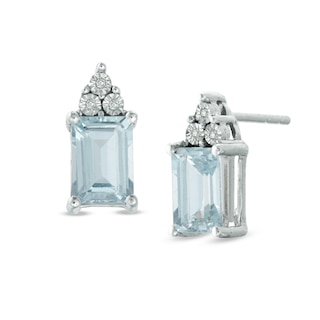 Emerald-Cut Aquamarine and Diamond Accent Stud Earrings in 10K White Gold