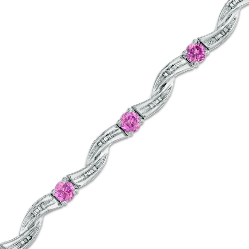Lab-Created Pink Sapphire and Diamond Accent Twist Bracelet in Sterling Silver - 7.25"