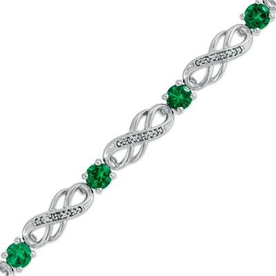 Lab-Created Emerald and 0.04 CT. T.W. Diamond Infinity Bracelet in Sterling Silver - 7.5"