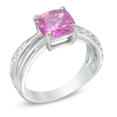 8.0mm Cushion-Cut Lab-Created Pink and White Sapphire Ring in 10K White Gold