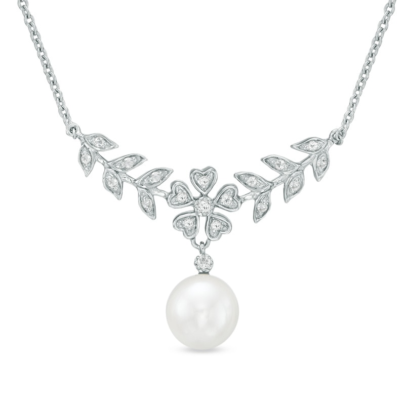8.0-9.0mm Freshwater Cultured Pearl and White Topaz Flower Necklace in Sterling Silver|Peoples Jewellers