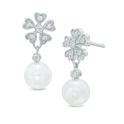 6.0-7.0mm Freshwater Cultured Pearl and Lab-Created White Topaz Flower Drop Earrings in Sterling Silver