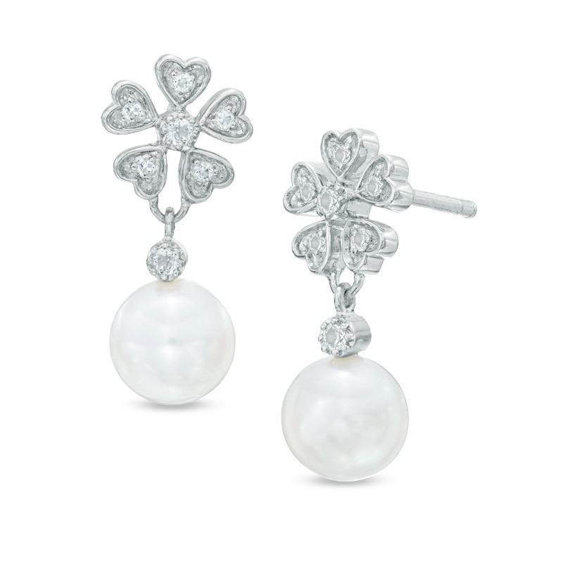 6.0-7.0mm Freshwater Cultured Pearl and Lab-Created White Topaz Flower Drop Earrings in Sterling Silver|Peoples Jewellers