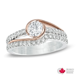 1.09 CT. T.W. Certified Canadian Diamond Bypass Bridal Set in 14K Two-Tone Gold (I/I2)