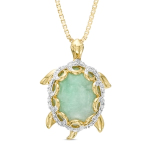 Oval Green Jade and Diamond Accent Turtle Pendant in 10K Gold