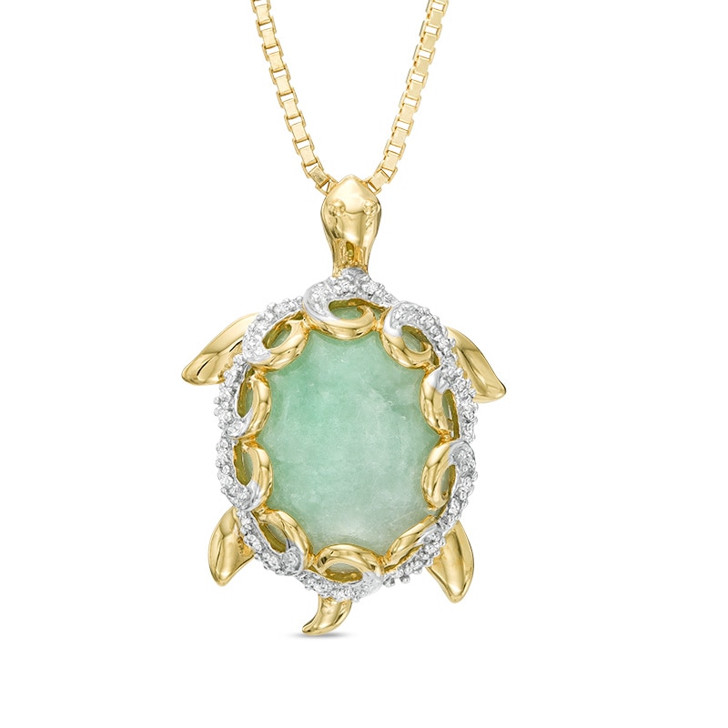 Oval Green Jade and Diamond Accent Turtle Pendant in 10K Gold