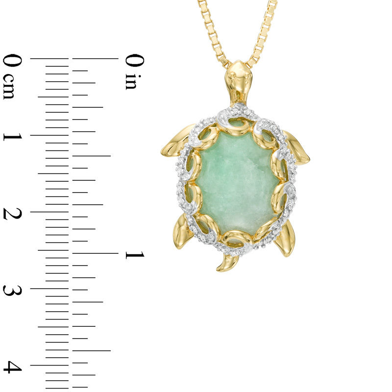 Oval Green Jade and Diamond Accent Turtle Pendant in 10K Gold