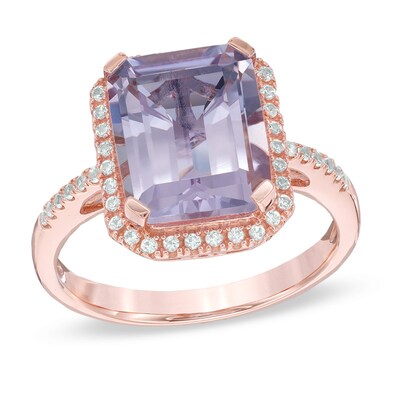 Emerald-Cut Rose de France Amethyst and Lab-Created White Sapphire Frame Ring in 10K Rose Gold