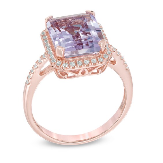 Emerald-Cut Rose de France Amethyst and Lab-Created White Sapphire Frame Ring in 10K Rose Gold