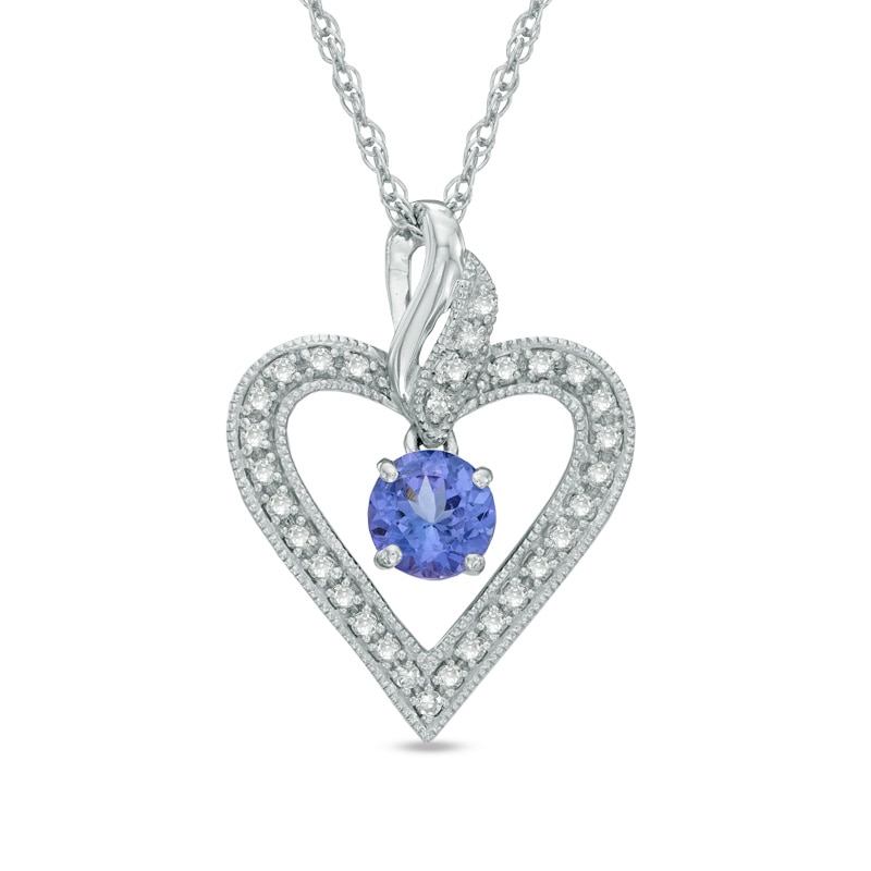 5.0mm Tanzanite and 0.10 CT. T.W. Diamond Vintage-Style Heart Pendant in Sterling Silver