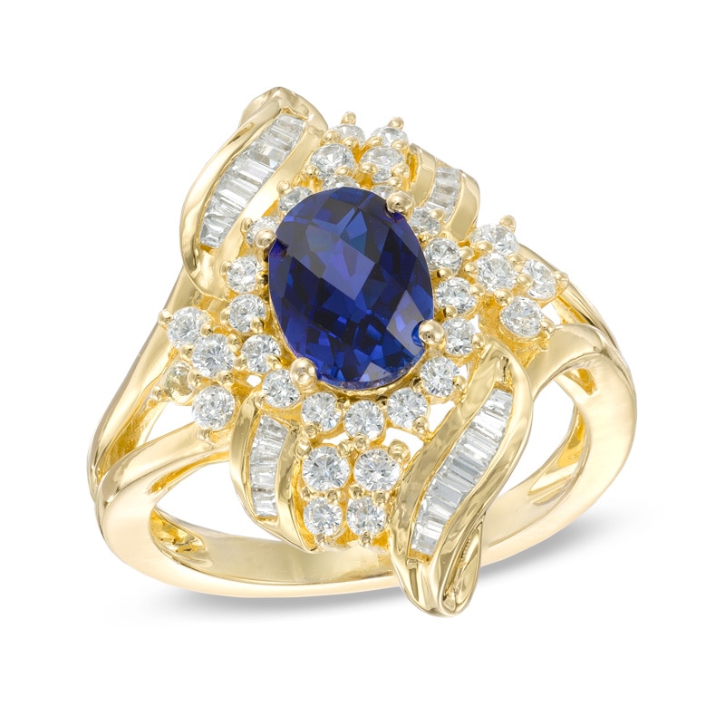 Oval Lab-Created Blue and White Sapphire Ring in 10K Gold|Peoples Jewellers