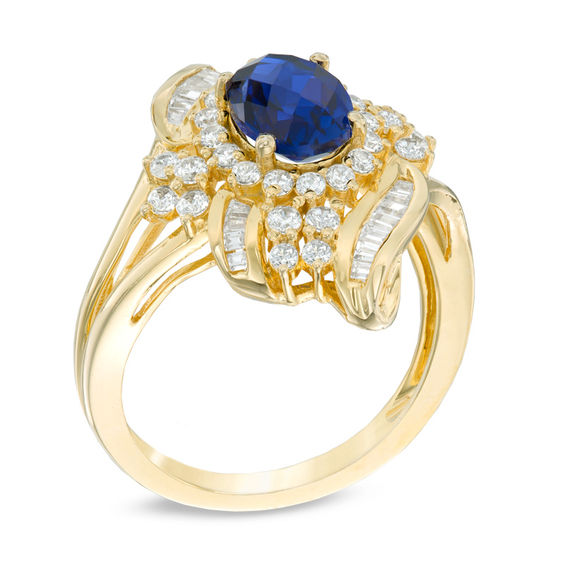 Oval Lab-Created Blue and White Sapphire Ring in 10K Gold