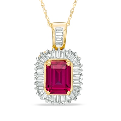 Emerald-Cut Lab-Created Ruby and Baguette White Sapphire Frame Pendant in 10K Gold