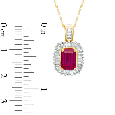 Emerald-Cut Lab-Created Ruby and Baguette White Sapphire Frame Pendant in 10K Gold