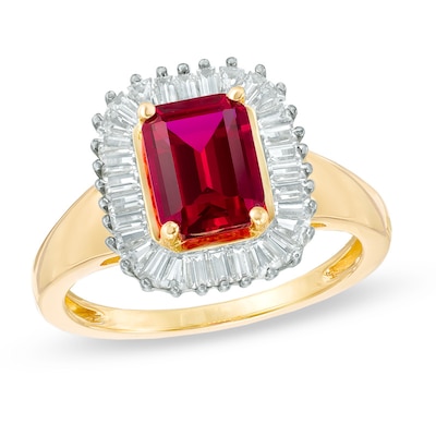 Emerald-Cut Lab-Created Ruby and Baguette White Sapphire Frame Ring in 10K Gold