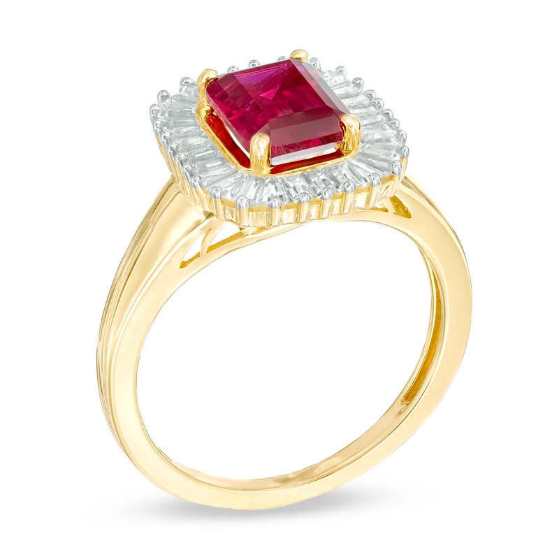 Emerald-Cut Lab-Created Ruby and Baguette White Sapphire Frame Ring in 10K Gold|Peoples Jewellers