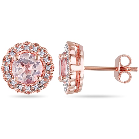 6.0mm Morganite and 0.09 CT. T.W. Diamond Frame Stud Earrings in Rose Rhodium Sterling Silver