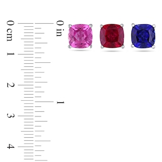 8.0mm Cushion-Cut Lab-Created Ruby and Blue and Pink Lab-Created Sapphire Stud Earrings Set in Sterling Silver