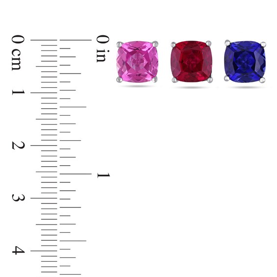 8.0mm Cushion-Cut Lab-Created Ruby and Blue and Pink Lab-Created Sapphire Stud Earrings Set in Sterling Silver