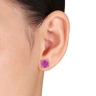 8.0mm Cushion-Cut Lab-Created Ruby and Blue and Pink Lab-Created Sapphire Stud Earrings Set in Sterling Silver