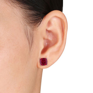 8.0mm Cushion-Cut Lab-Created Ruby and Blue and Pink Lab-Created Sapphire Stud Earrings Set in Sterling Silver