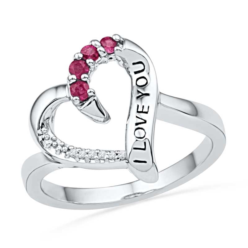Lab-Created Pink Sapphire and Diamond Accent Heart Promise Ring in Sterling Silver (10 Characters)|Peoples Jewellers