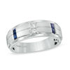 Vera Wang Love Collection Men's 0.12 CT. T.W. Square-Cut Diamond and Blue Sapphire Wedding Band in 14K White Gold