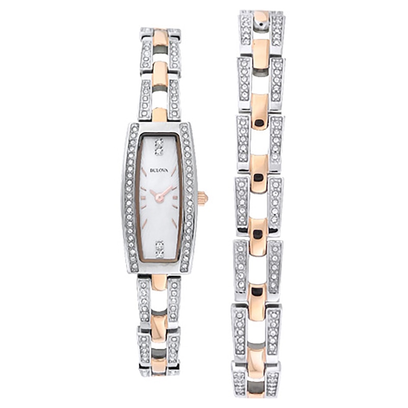 Ladies' Bulova Crystal Accent Watch with Rectangular Mother-of-Pearl Dial Boxed Watch and Bracelet Set (Model: 98X110)