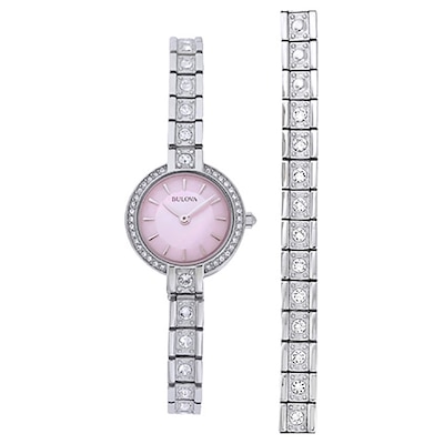 Ladies' Bulova Crystal Accent Watch with Pink Mother-of-Pearl Dial Boxed Watch and Bracelet Set (Model: 96X131)