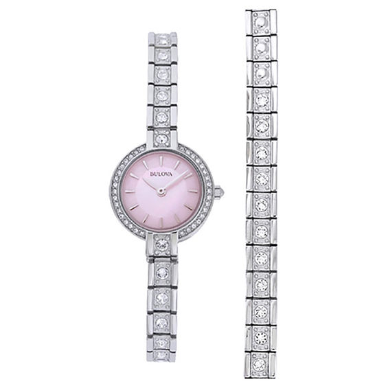 Ladies Bulova Crystal Accent Watch with Pink Mother of Pearl Dial Boxed Watch and Bracelet Set Model 96X131 Peoples Jewellers