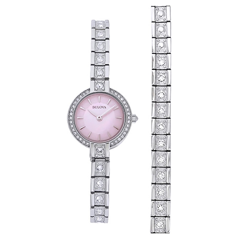 Ladies' Bulova Crystal Accent Watch with Pink Mother-of-Pearl Dial Boxed Watch and Bracelet Set (Model: 96X131)|Peoples Jewellers