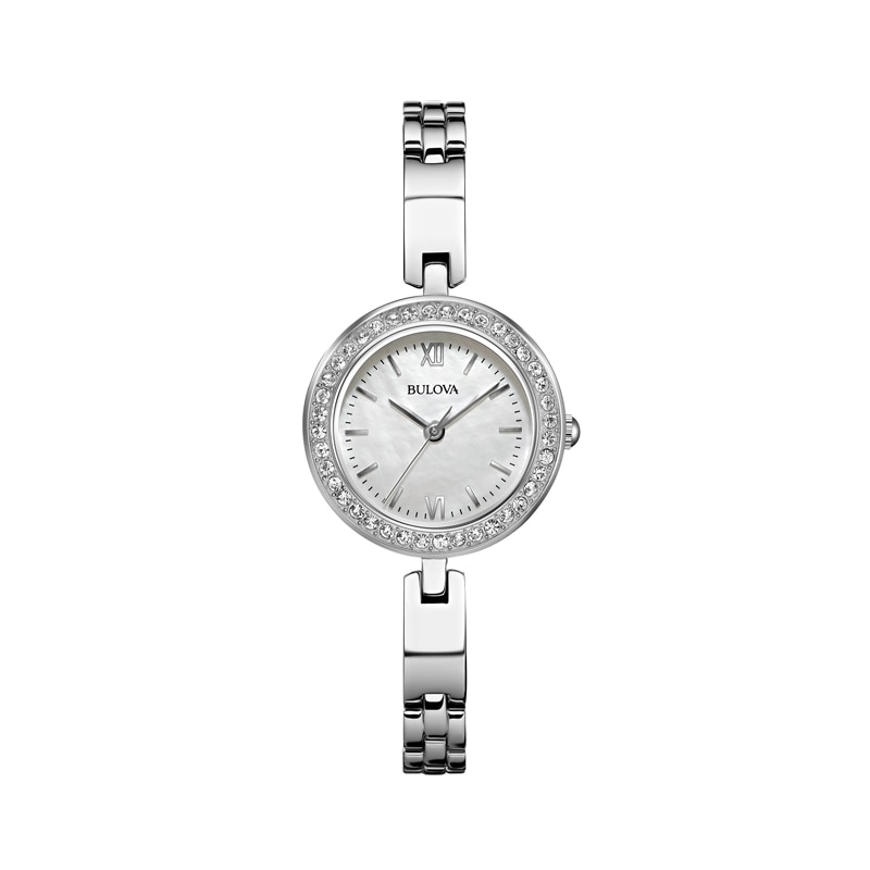 Ladies' Bulova Crystal Accent Watch with Mother-of-Pearl Dial and Interchangeable Bezel Box Set (Model: 98X107)