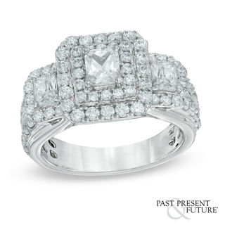 2.50 CT. T.W. Certified Radiant-Cut Diamond Past Present Future® Frame Ring in 14K White Gold