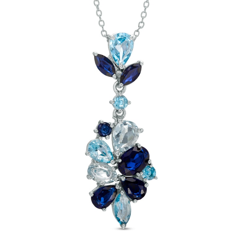 Blue Topaz and Lab-Created Blue Sapphire Cluster Pendant in Sterling Silver