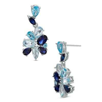 Blue Topaz and Lab-Created Blue Sapphire Cluster Drop Earrings in Sterling Silver