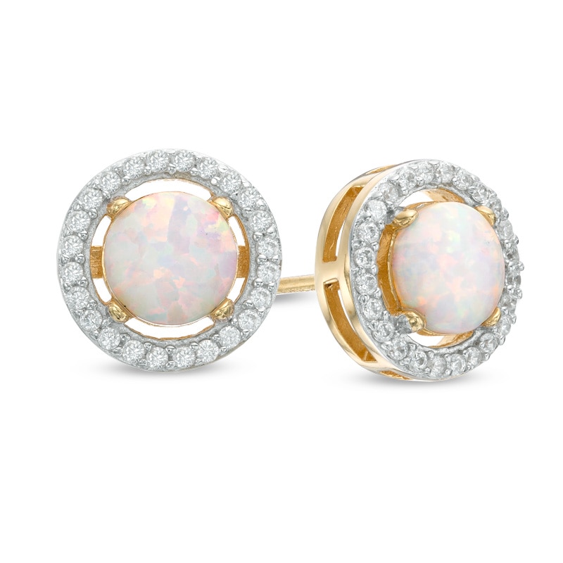 6.0mm Lab-Created Opal and White Sapphire Frame Stud Earrings in 10K Gold|Peoples Jewellers