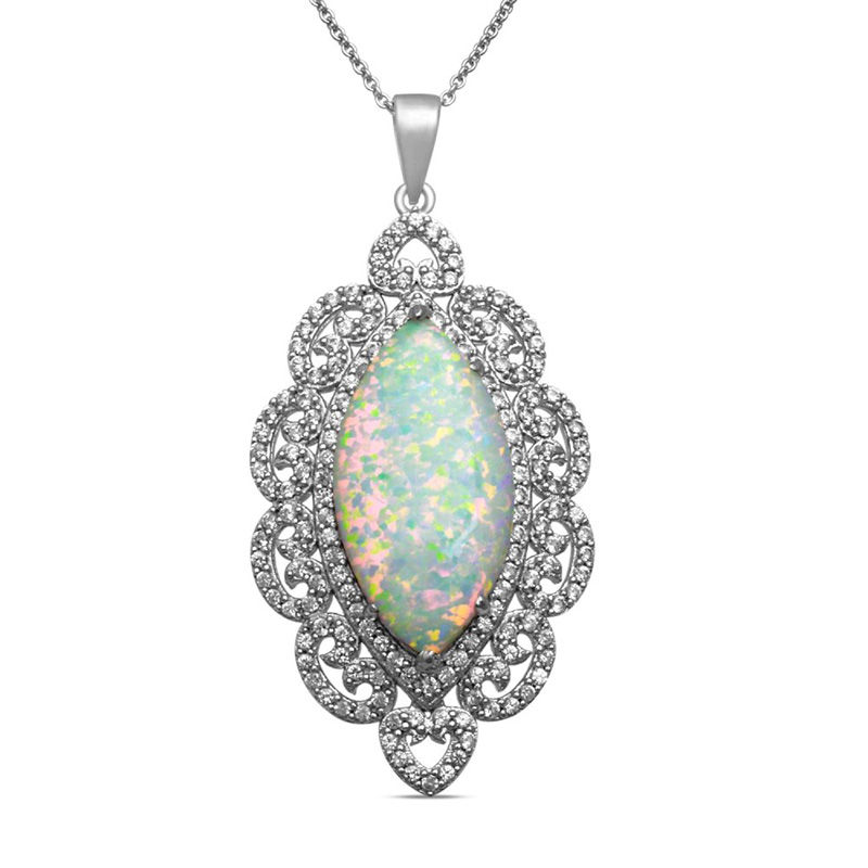 Marquise-Cut Lab-Created Opal and White Sapphire Frame Vintage-Style Pendant in Sterling Silver|Peoples Jewellers