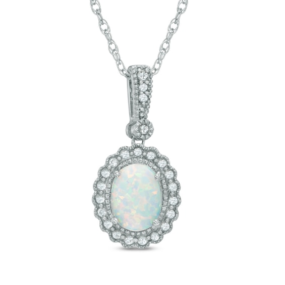 Oval Lab-Created Opal and White Sapphire Frame Pendant in Sterling Silver