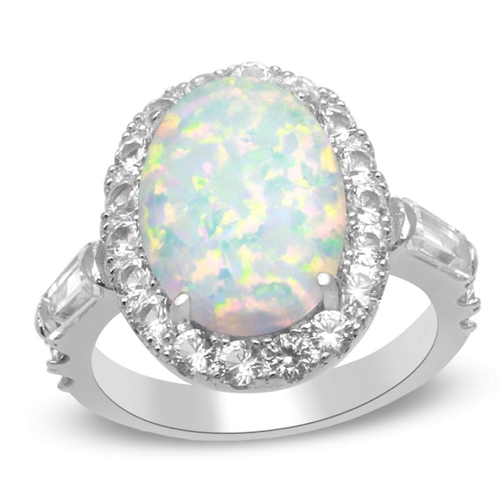 Oval Lab-Created Opal and White Sapphire Frame Ring in Sterling Silver