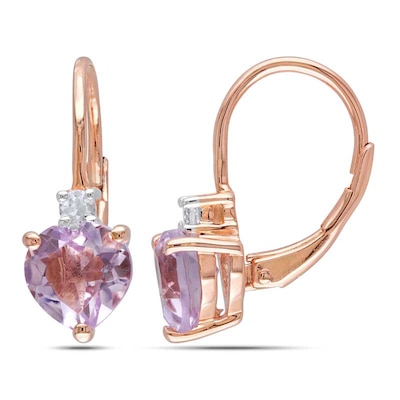 7.0mm Heart-Shaped Amethyst and White Lab-Created Sapphire Drop Earrings in Rose Rhodium Sterling Silver