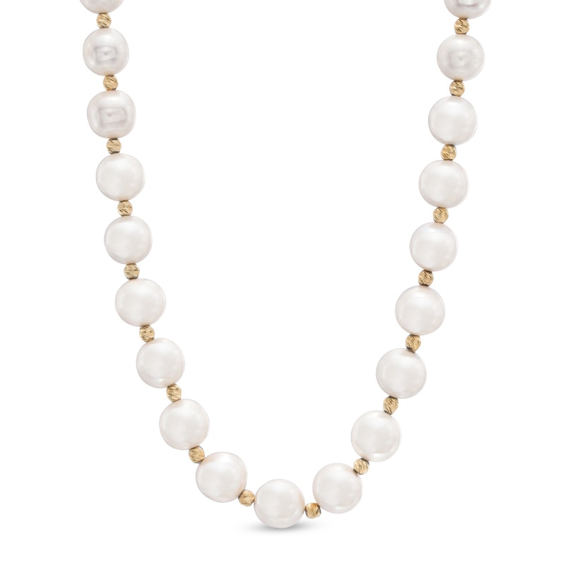 8.5-9.5mm Freshwater Cultured Pearl and Bead Strand Necklace in Sterling Silver with 14K Gold Plate
