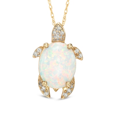 Oval Lab-Created Opal and Diamond Accent Turtle Pendant in Sterling Silver with 14K Gold Plate