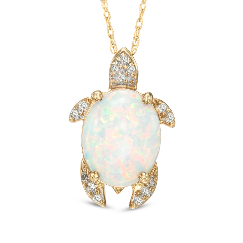 Oval Lab-Created Opal and Diamond Accent Turtle Pendant in Sterling Silver with 14K Gold Plate|Peoples Jewellers