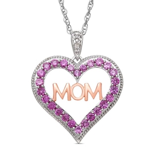 Lab-Created Pink Sapphire and Diamond Accent "MOM" Heart Pendant in Sterling Silver with 14K Rose Gold Plate